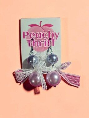 Iridescent Lavender Pearl Drops with White Lace Bows